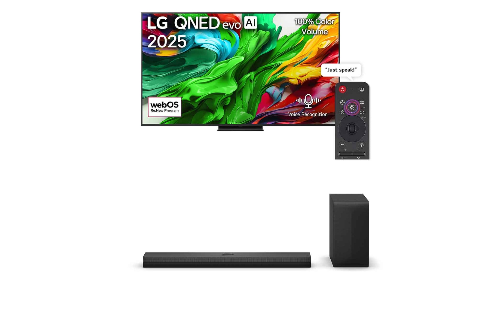 Front view of 55 inch LG QNED evo AI QNED86 4K 120Hz Smart TV AI Magic remote webOS25 2025+LG Soundbar for TV with Dolby Atmos 3.1.1 channel S70TY 55QNED86A6A.S70TY