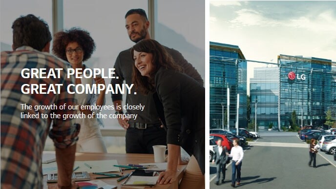 Four people gathered around a table for a meeting on the left, LG Electronic's UK office on the right. Text reads "Great People. Great Company. The growth of our employees is closely linked to the growth of the company".