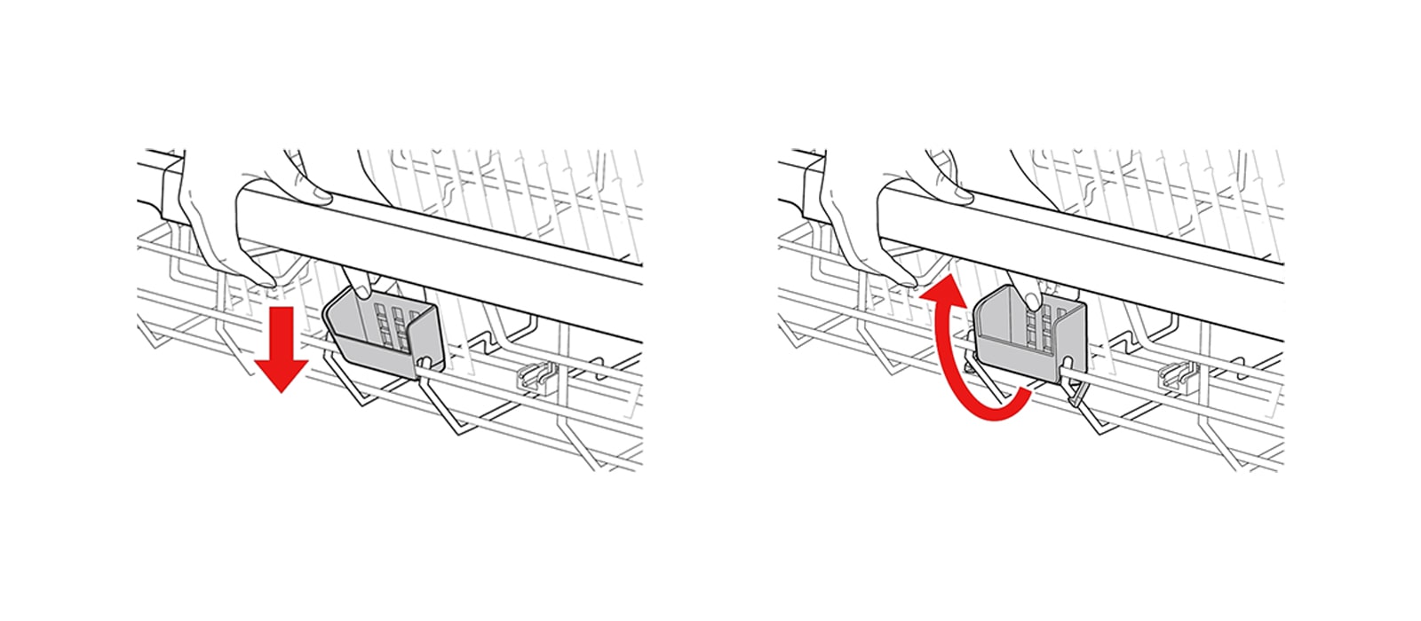 Attach the Tablet Tray to the front side of the lower rack and secure the hooks on both sides.