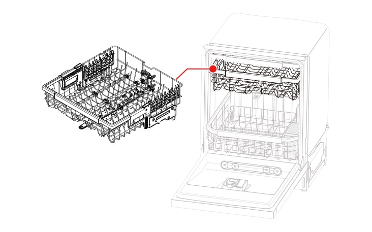 The Upper Rack is located between the Cutlery Rack and the Lower Rack when the product door is opened