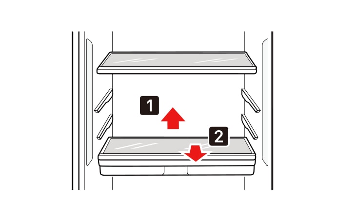 Tilt up the front of the shelf in the direction of 1 and lift it in the direction of 2 Pull the shelf out