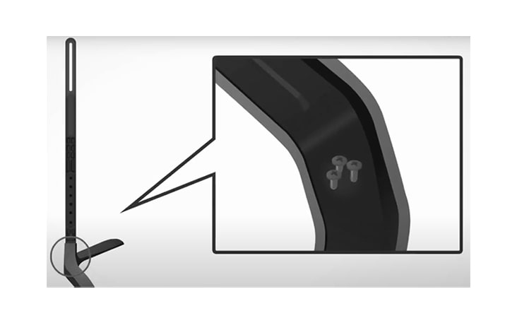 Align the base with the rectangular protrusion at the end of the bracket and use six screws to assemble the stand