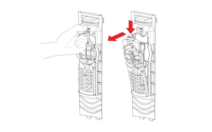 Push the upper part of overflow filter down and pull forward