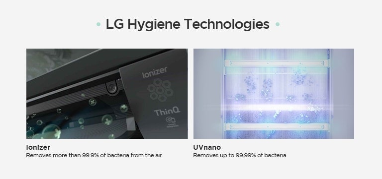LG Hygiene Technologies Ionizer Removes more than 99.9% of bacteria from the air UVnano Removes up to 99.99% of bacteria