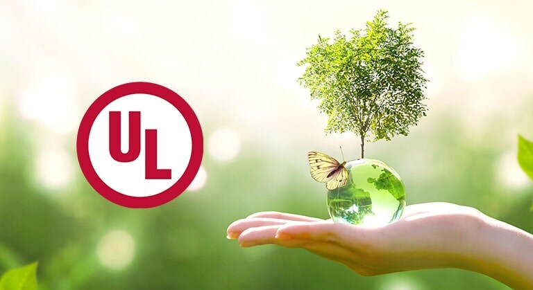 A logo of UL and a person holding a small tree with a butterfly on it.