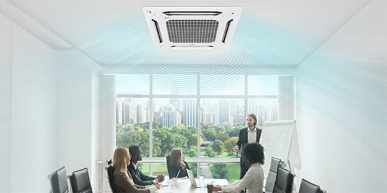 The image of a ceiling-mounted air conditioner blowing refreshing air