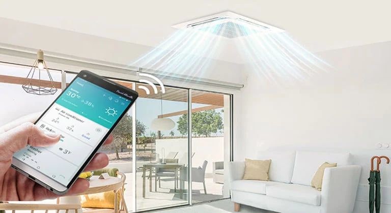 Image of a smartphone controlling an air conditioner with LG ThinQ.