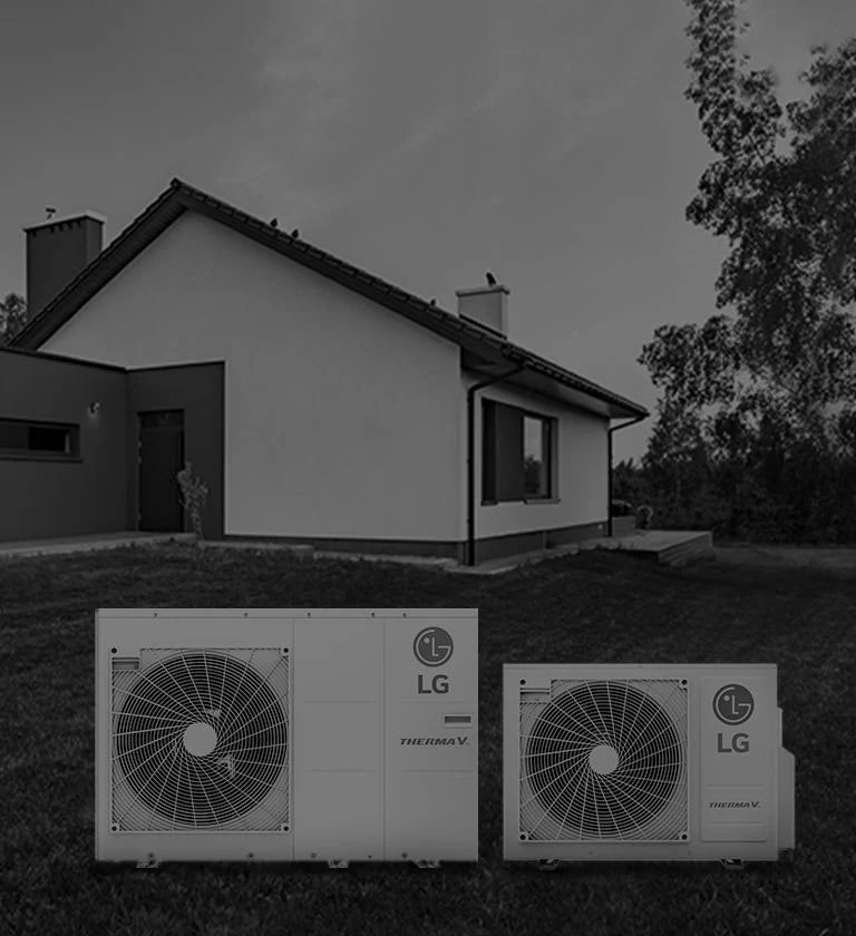 Therma V R32 Split 4/6kW and Monobloc S 9kW 3-Phase heat pumps are standing infront of house