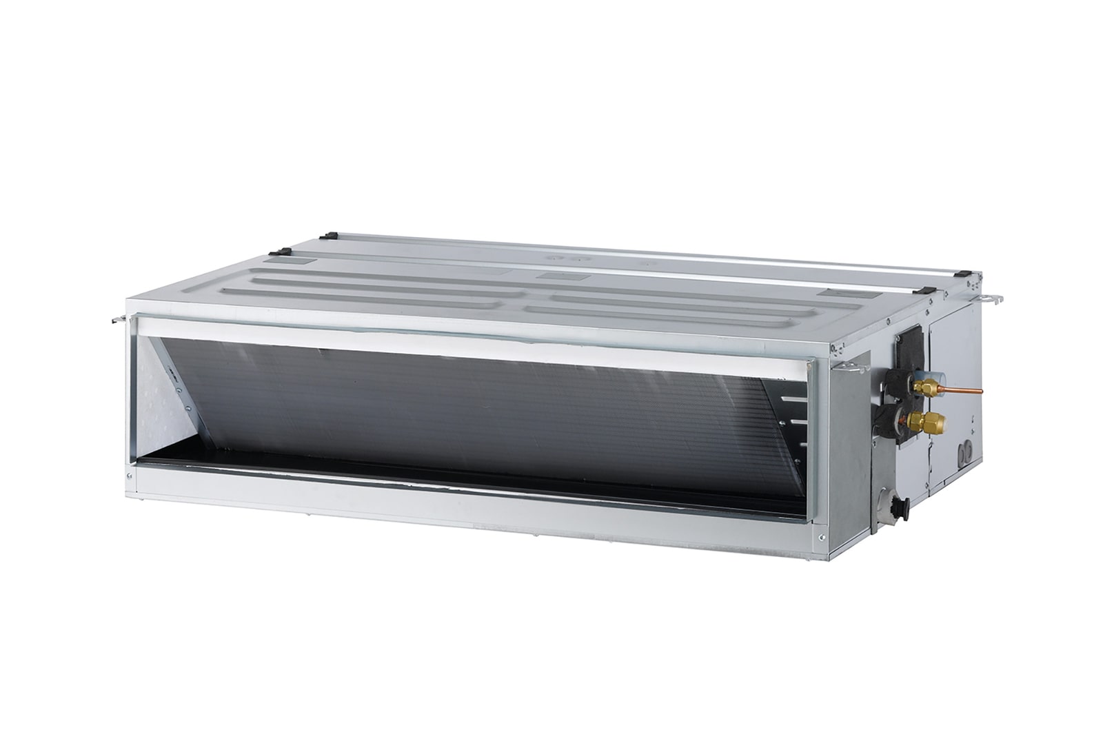 LG Ceiling Concealed Duct is a gray rectangular parallelepiped with some air inlets on the right side and an air outlet vent on the front.