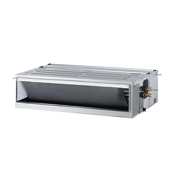 LG Ceiling Concealed Duct is a gray rectangular parallelepiped with some air inlets on the right side and an air outlet vent on the front.