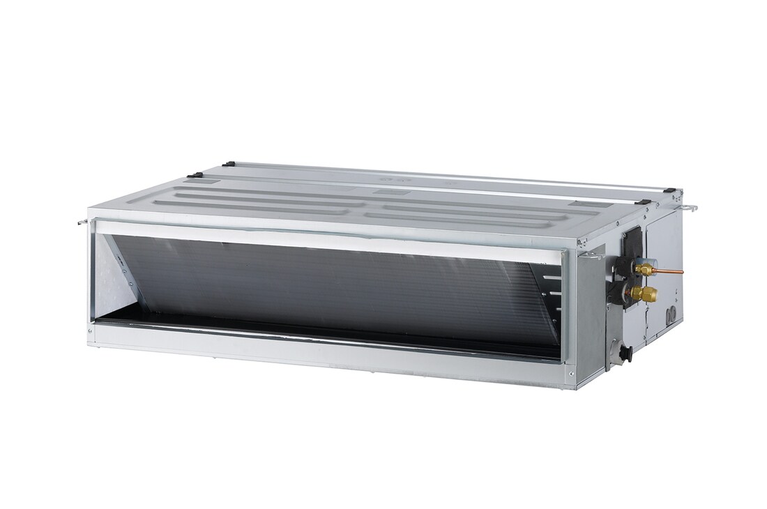 LG Ceiling Concealed Duct is a gray rectangular parallelepiped with some air inlets on the right side and an air outlet vent on the front.