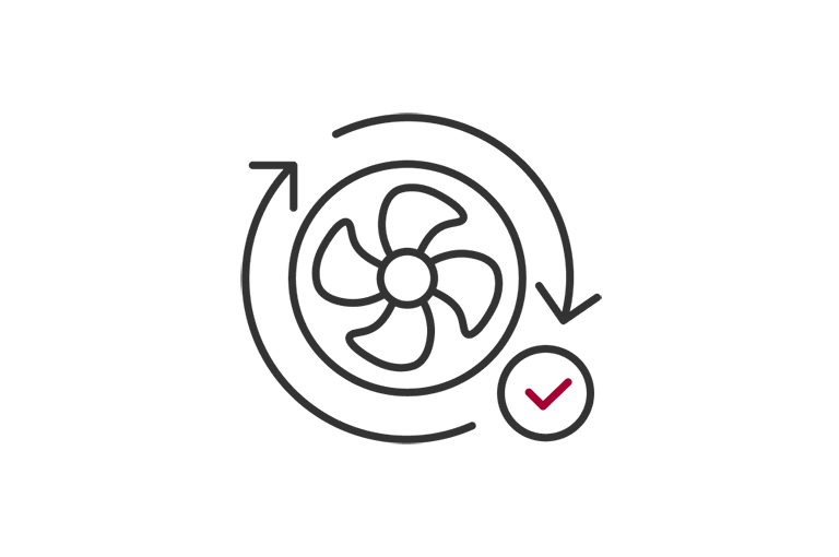 A fan blade with two curved arrows circling it, indicating continuous rotation, and a red checkmark below.