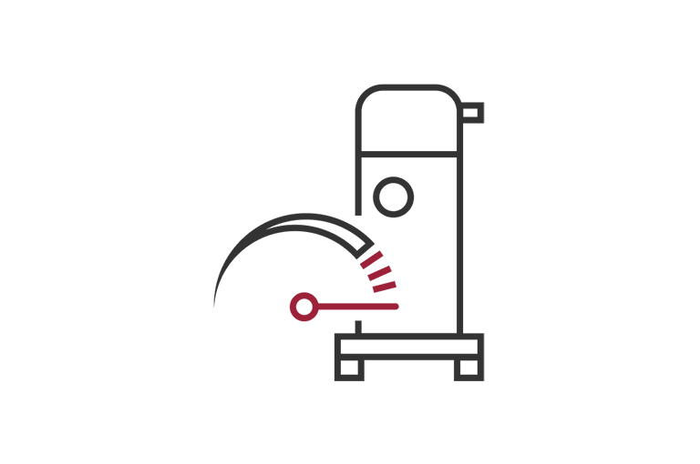Black line drawing of a compressor with a red speedometer needle indicating high speed.