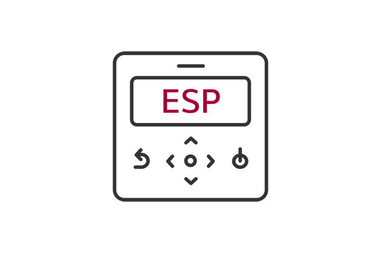 A remote control with buttons for power, arrows, and a circular button. The screen displays "ESP" in red.