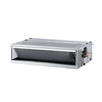 LG Ceiling Concealed Duct is a gray rectangular parallelepiped with some air inlets on the right side and an air outlet vent on the front.