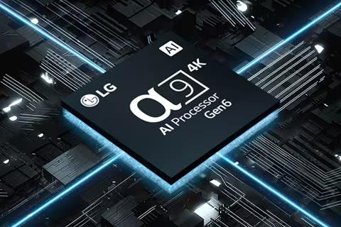 An image of the α9 AI Processor 4K Gen6 against a circuit board with blue lights emitting from the chip, representing its power.