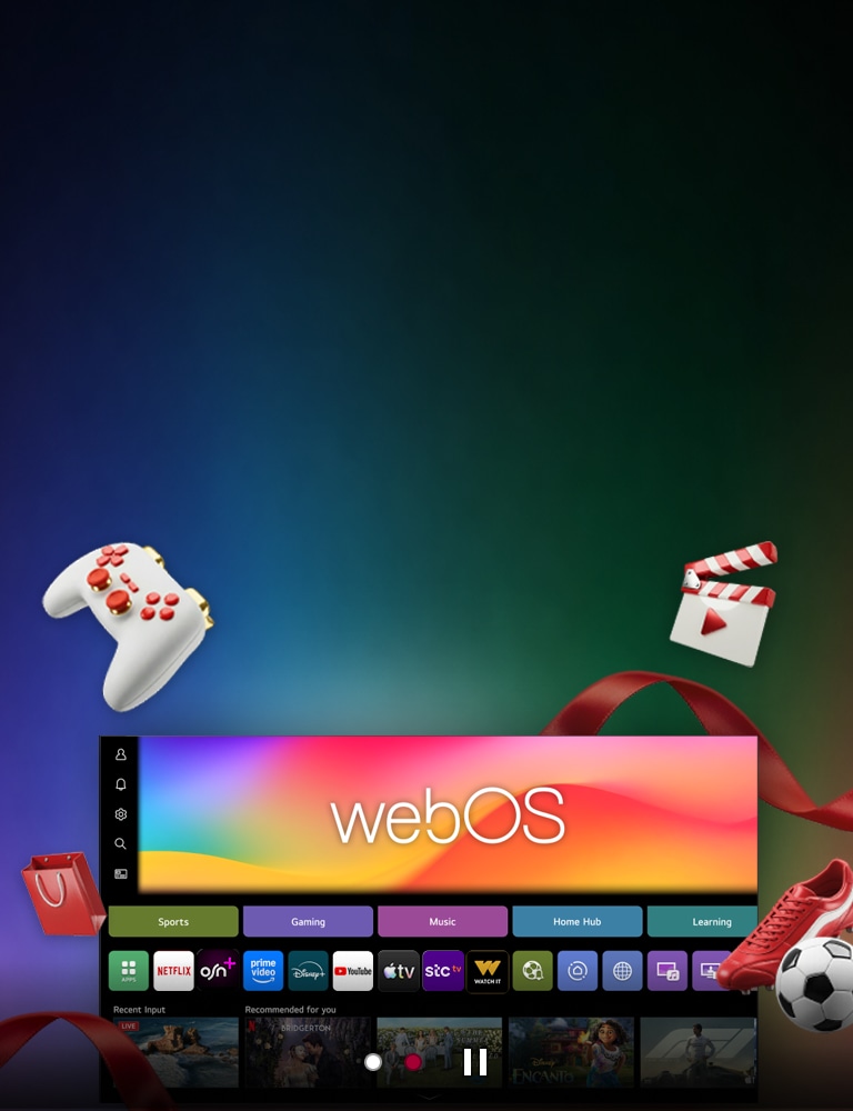 LG webOS features special streaming offers highlighted on a vibrant background, showcasing sports, gaming, and music categories along with promotional icons.