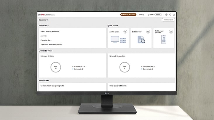 The LG Pro:Centric Cloud dashboard is displayed on the PC screen.
