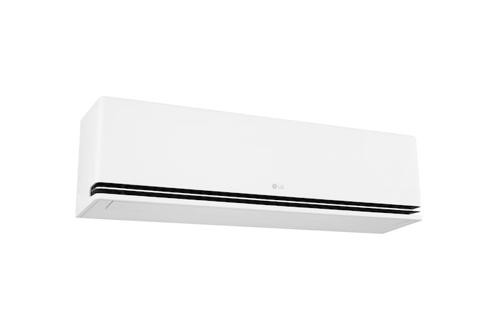 Angled right-side view of an LG wall-mounted air conditioner with the lower vanes closed.