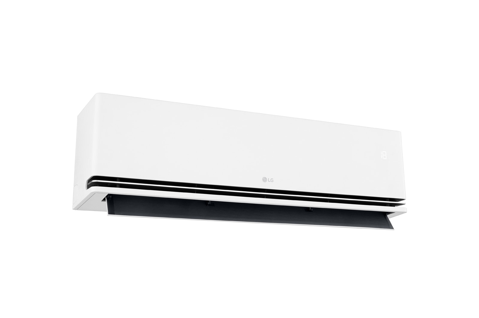 Angled right-side view of an LG air conditioner with the lower vane fully open and the temperature display showing 18°C