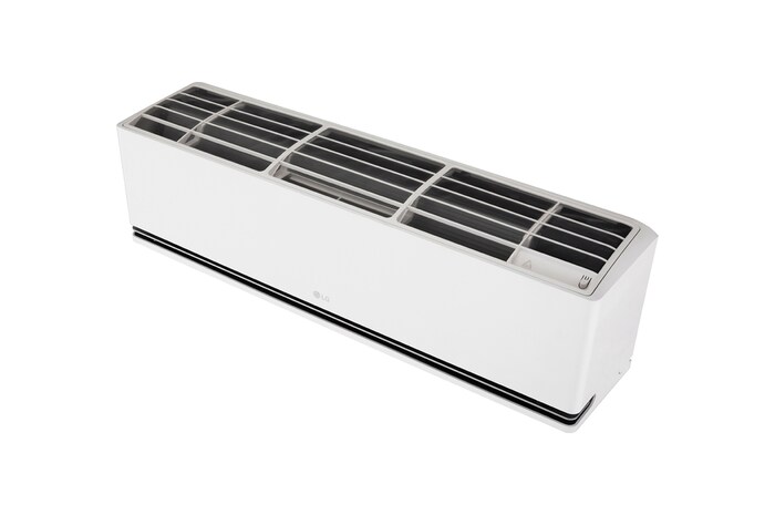 Top angled view of an LG air conditioner with the top cover open