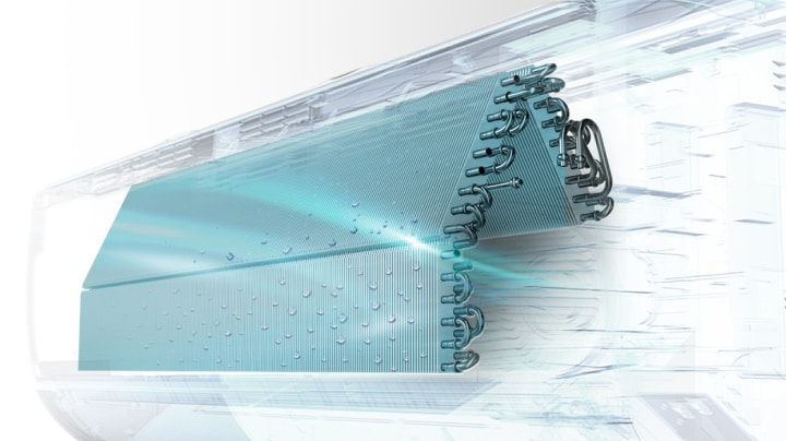 Illustration of an air conditioner’s heat exchanger with Auto Clean+ for enhanced airflow and moisture removal.	