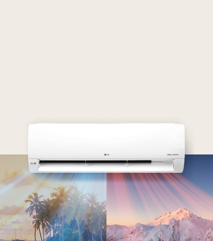 An LG air conditioner is hanging at the top center of the image. Beneath it are two images, one image shows a hot beach scene and the other shows a snowy mountain scene. Air blows out of the air conditioner with cool blue air on the beach scene and warm red air across the snowy scene.	