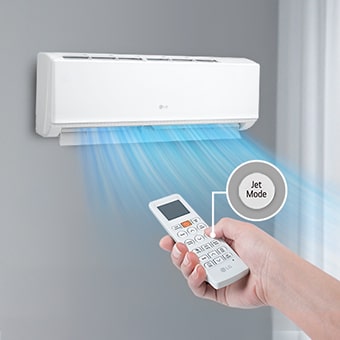 This is a wall-mounted air conditioner with cooling function that uses the 'jet mode' function of the remote control to create a very strong wind.