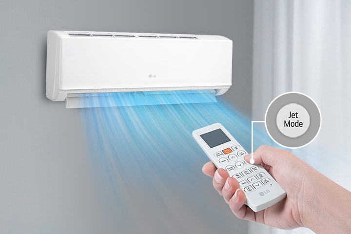 This is a wall-mounted air conditioner with cooling function that uses the 'jet mode' function of the remote control to create a very strong wind.