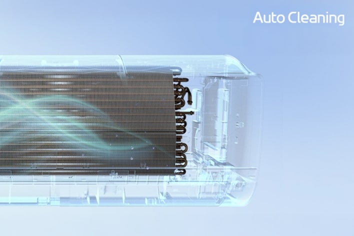 LG air conditioner with Freeze Cleaning feature freezes, melts, and dries to remove dirt and germs for thorough cleaning.