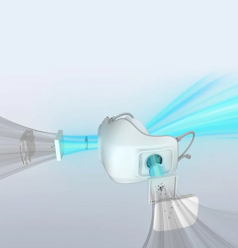 A video shows the Puricare Mask from the front and then it turns to the side as the HEPA filters and then the exterior piece expand out to show how air moves through each part to filter the air so that particulates and dust are caught in the mask rather than going to the person.