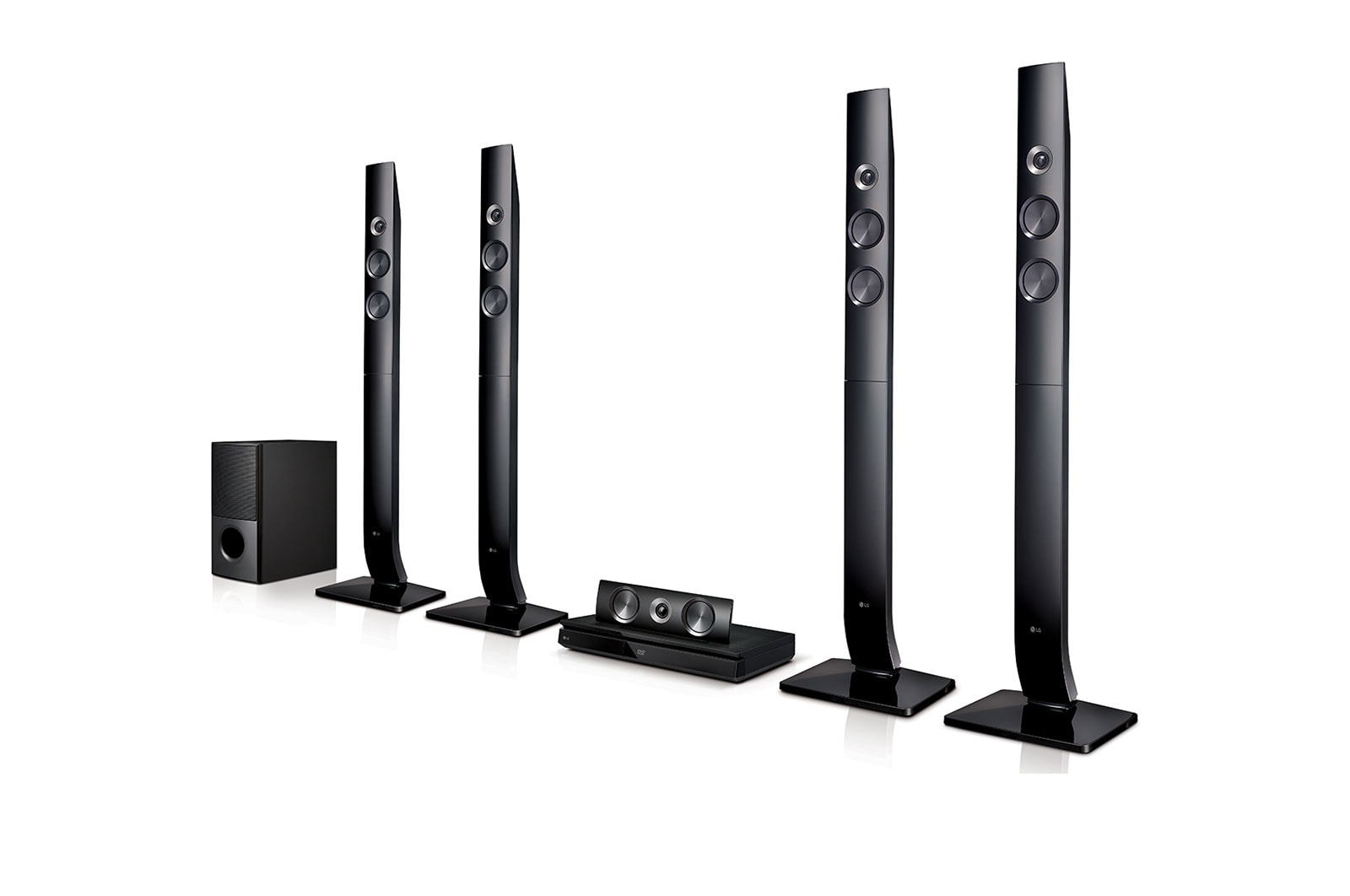 Front view of LG Home theater LHD756, 5.1ch Surround system (4 Tallboy), 1,200W, Bluetooth, FM radio, Bass Subwoofer, DVD HTS LHD756