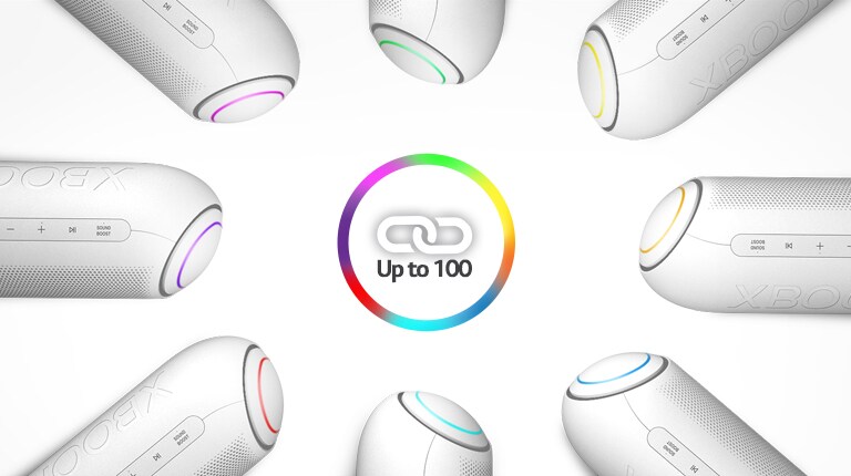 On a white background, eight LG XBOOM Go with various lights are placed in a circle around a link icon.