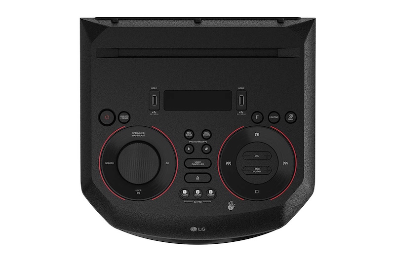 LG XBOOM RN7, Tweeter 2"x2, Mid 3"x2, Woofer 8", Super Bass Boost, Dual Bass Blast, Party Strobe, DJ App & DJ Pad, Karaoke Star & Vocal Sound control, Guitar Input, RN7