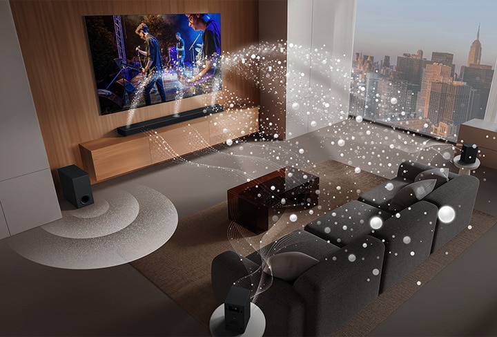 LG Soundbar, LG TV, rear speakers and a subwoofer are in a living room of a skyscraper, playing a musical performance. White soundwaves made up of droplets project from the soundbar, looping around the sofa and living space. A subwoofer is creating a sound effect from the bottom. Dolby Atmos logo DTS X logo
