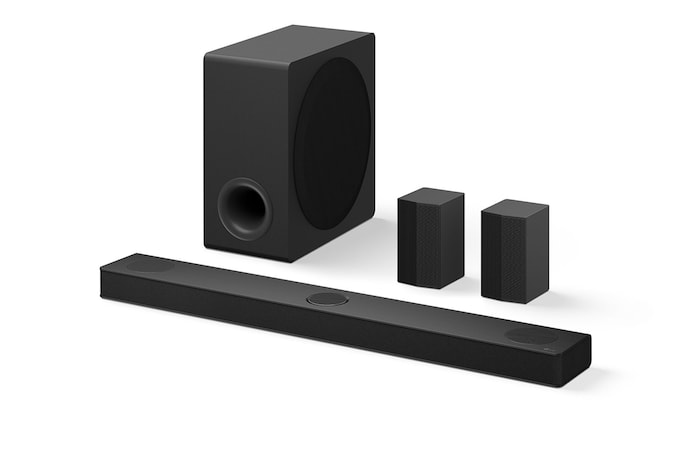 Angled view of LG Soundbar S90TR, subwoofer, and Rear Speakers