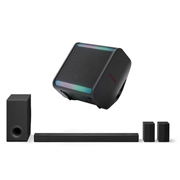 Front view of LG Soundbar for TV with Dolby Atmos 5.1.3 channel S80TR + LG xboom Stage 301 | Bluetooth Speaker | xboom Signature Sound by will.i.am for Parties and Performances S80TR.STAG001