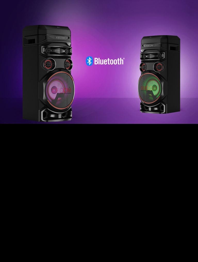 Two LG XBOOMs facing each other at diagonal angles against a purple background with a Bluetooth logo in between.