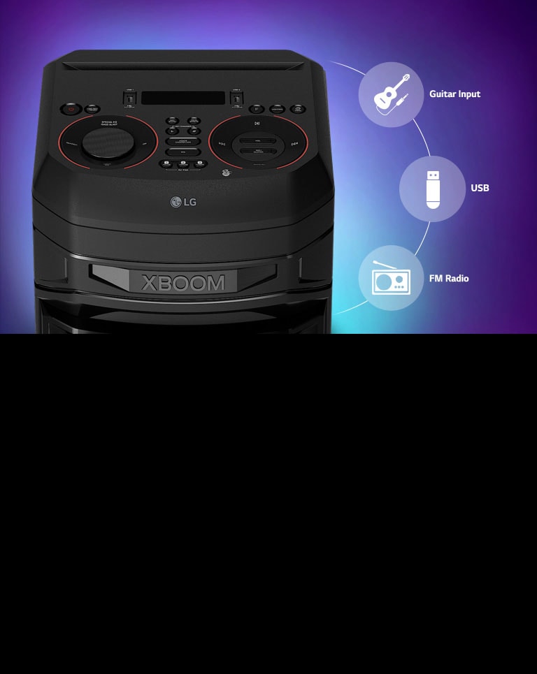 A close up of the top of LG XBOOM, connectivity icons are shown around the product.