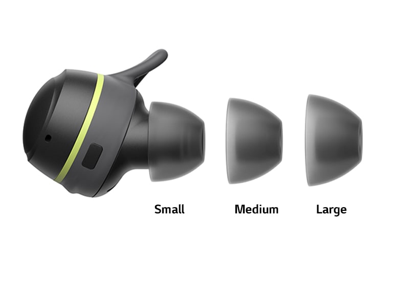A TONE Free fit earbud seen from the side with the Small, Medium, and Large eargels shown.