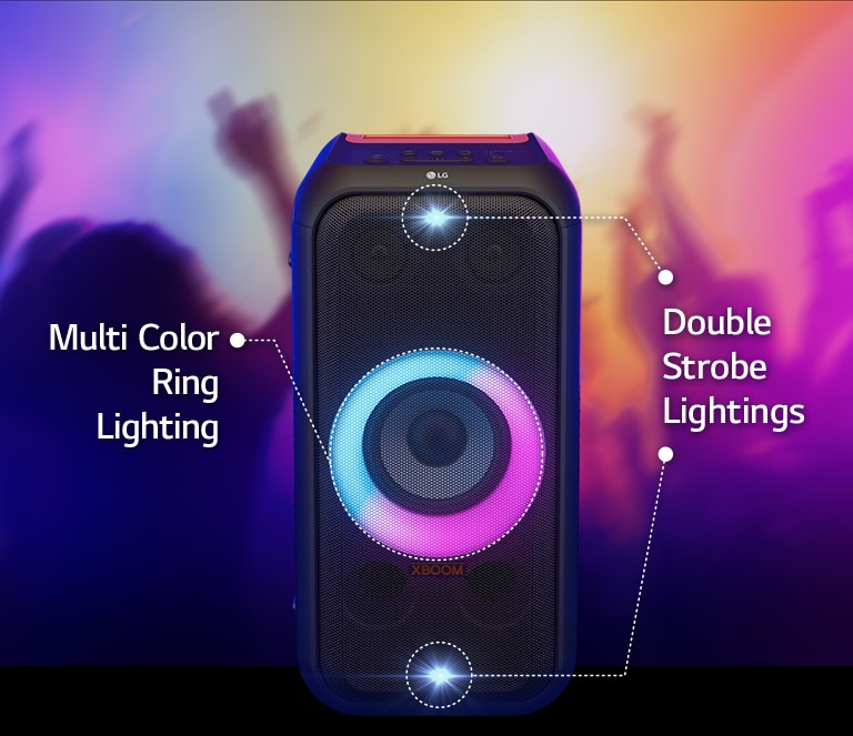 Front view of the speaker. There is a line to inform each part of the lighting. On top and bottom, double strobe lighting. In the middle, pink and cyon gradient multi color ring lighting is on.