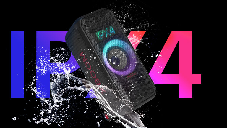 Diagonal view of the speaker. Water is sprayed over the product, in order to emphasize IPX4 rating.A word 'IPX4' is written behind for design purpose.