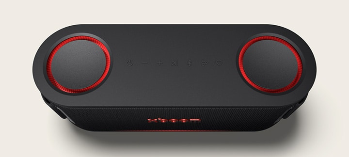 Top view of xboom Bounce with its 2 passive radiators vibrating rhythmically.	