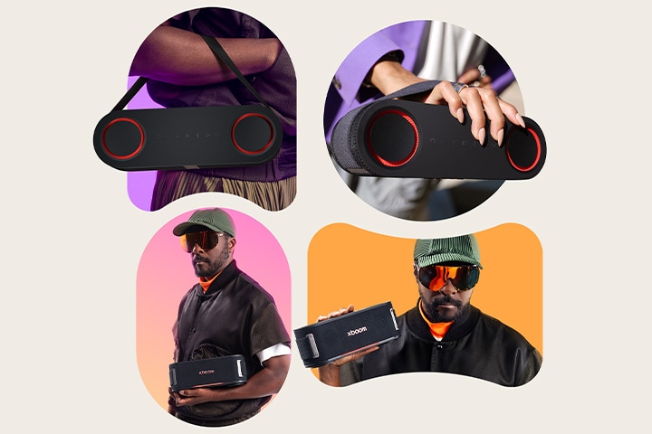 On the upper light xboom Bounce is held on someone's arm by its strap. On the upper right, a person with violet jacket is holding xboom Bounce with the right hand. On the bottom left, will.i.am is holding xboom Bounce with his left hand. On the bottom right will.i.am with the same outfit is holding xboom Bounce with his right hand.