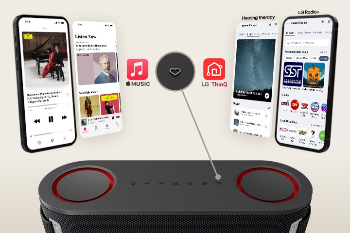 A phone with an app image in it and a virtual app image are shown on each left and right side. Apple music's app images and logo are on the left side while LG ThinQ app images and logo are on the right side. At the botoom xboom Bounce's top part is shown with its "my button" emphasized.