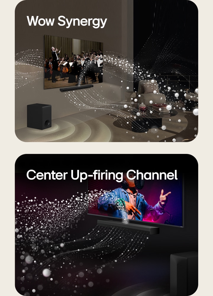 LG Soundbar and LG TV in a living room playing an orchestra performance. White waves of droplets representing soundwaves shoot upwards and forward from the soundbar and project from the TV, as subwoofer is creating a sound effect from the bottom.  LG Soundbar and LG TV in a black room playing a musical performance. White droplets representing soundwaves shoot upwards and forward from the soundbar, as subwoofer is creating a sound effect from the bottom.