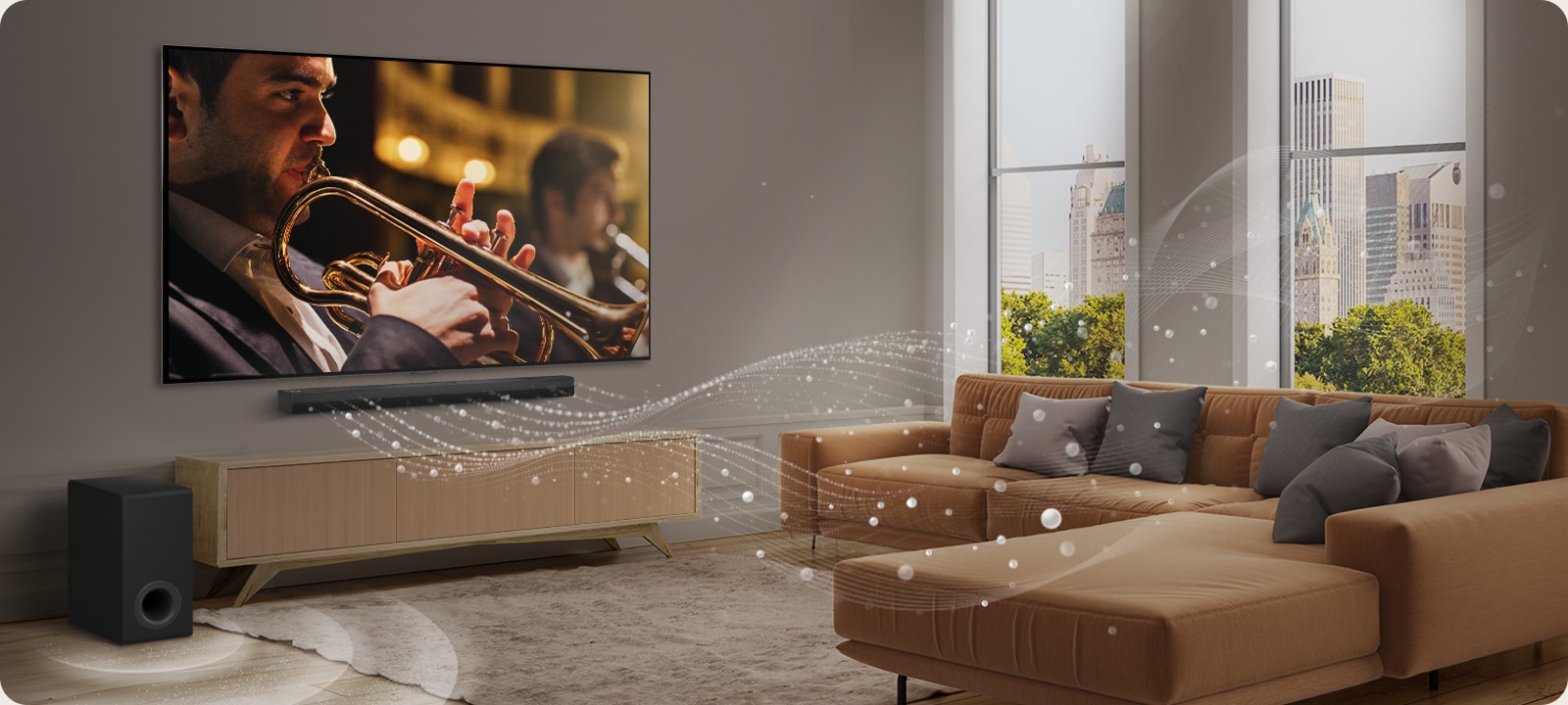 An LG Soundbar, LG TV, and subwoofer are in a modern city apartment. The LG Soundbar emits three branches of soundwaves, made of white droplets that float along the bottom of the floor. More white droplet soundwaves fire up from the top of the soundbar. Next to the Soundbar is a subwoofer, creating a sound effect from the bottom. As a whole, they are creating a dome effect across the room.