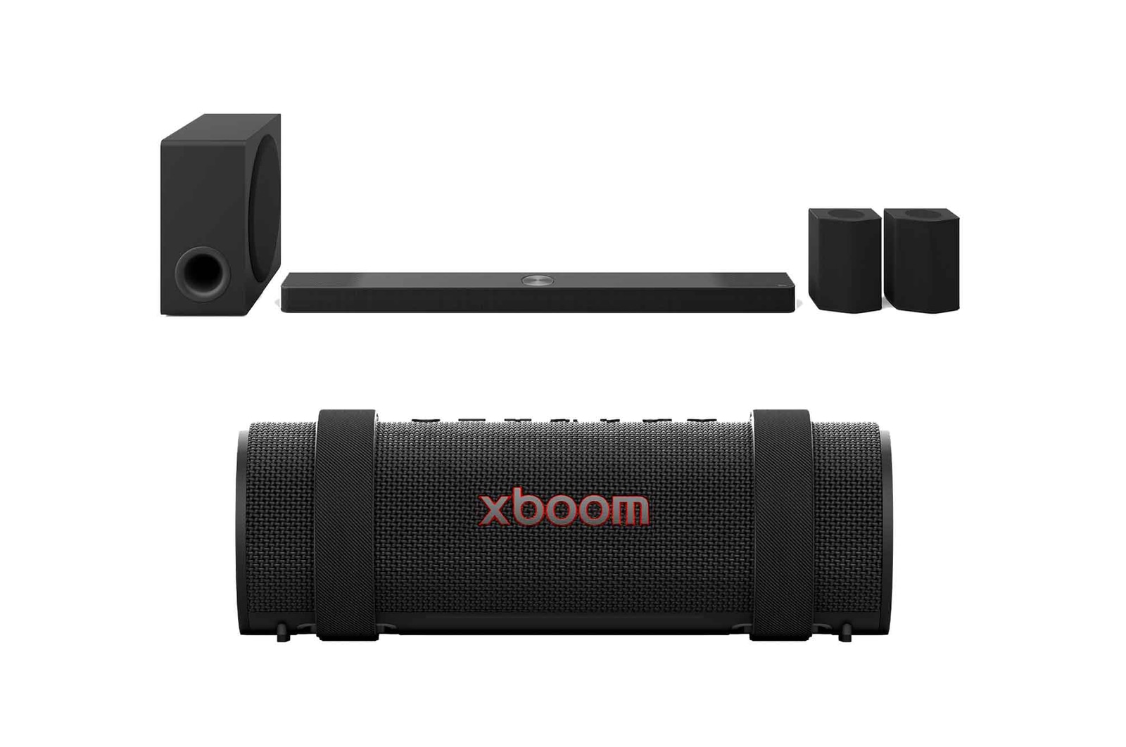 Front view of 9.1.5 channel LG Home Cinema Soundbar with Surround Sound and Rear Speakers S95TR + LG xboom Grab tuned by will.i.am S95TR.GRAB