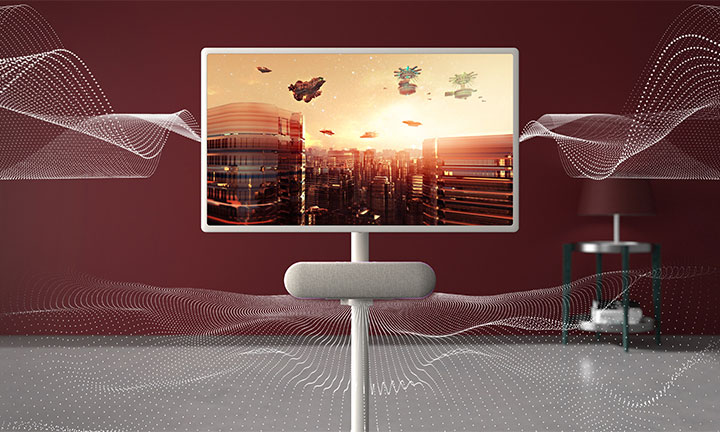The LG XT7S speaker is attached to the LG StanbyME against the red background. Sound graphics come out of both the screen and the speaker. The screen shows an orange futuristic image.
