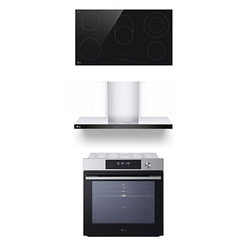 Front view of LG Cooktop 5 burners radiant hob 90 cm + LG Hood 90 cm with Touch Control + LG InstaView Oven with Air Fry & Air Sous-Vide, 76L CE5Z3625BN.HC7ZWSE